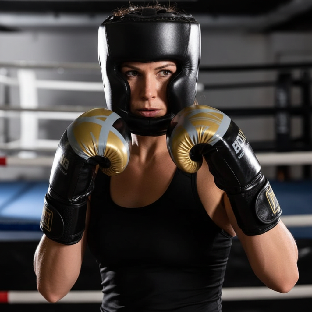 Femme dans la trentaine avec casque et gants de boxe