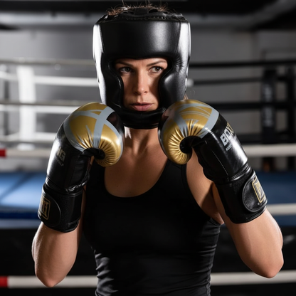 Femme dans la trentaine avec casque et gants de boxe