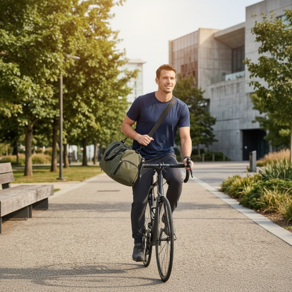 Homme athlétique sur un vélo avec sac de sport vert