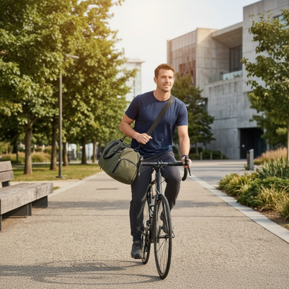 Homme athlétique sur un vélo avec sac de sport vert